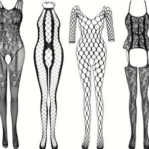 Chic Black and White Fishnet Bodysuit Set